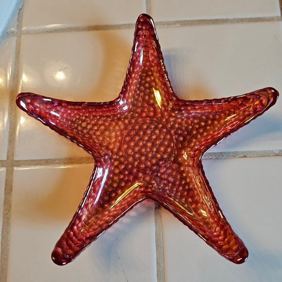 Iridescent Ocean Starfish Dishes Red-Green Art Glass - Set of 2 Coastal Decor - Picture 3 of 9